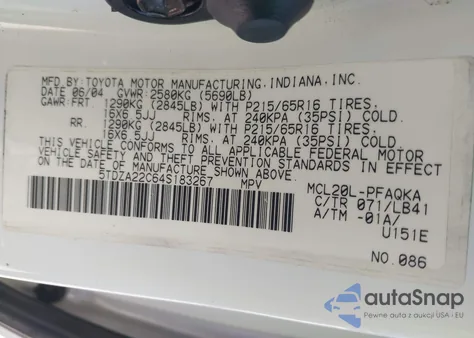 2004 Toyota Sienna Xle из США, поврежденный, VIN 5TDZA22C64S183267